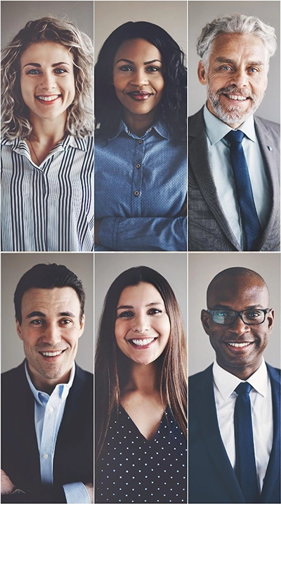 leadership-group 6 tiled headshots of various male and female business leaders wearing professional clothes and smiling at the camera